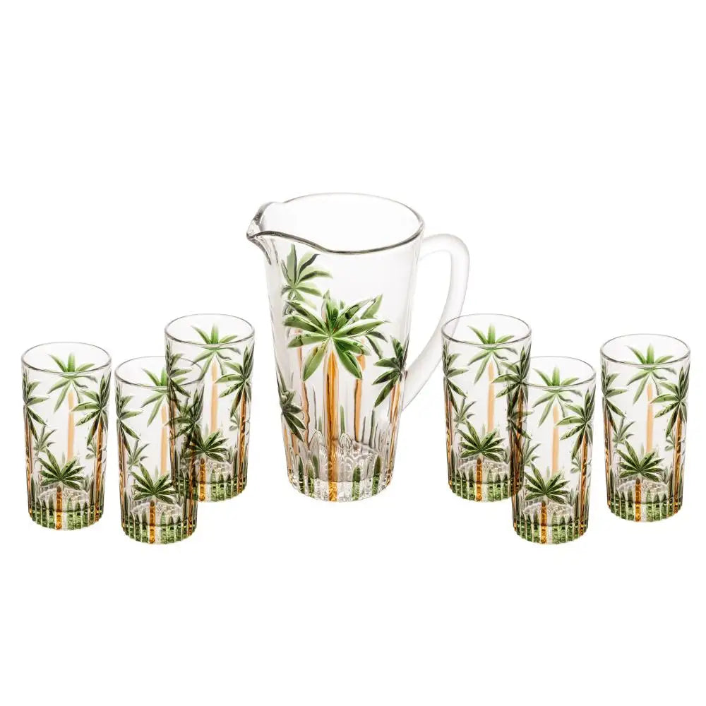 Conjunto Jarra com 6 Copos de Cristal Palm Tree Handpaint